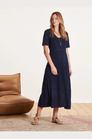 La Fee Maraboutee Robe longue bleu marine en maille pointelle manches courtes