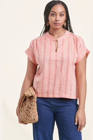 La Fee Maraboutee Top corail brodé en coton manches courtes
