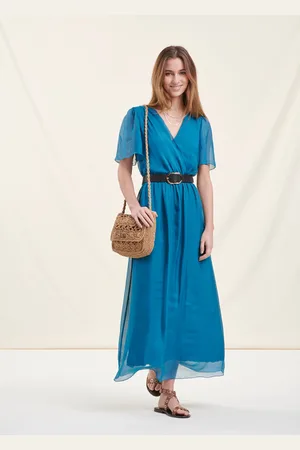 La Fee Maraboutee Robe longue cintrée portefeuille en voile bleu