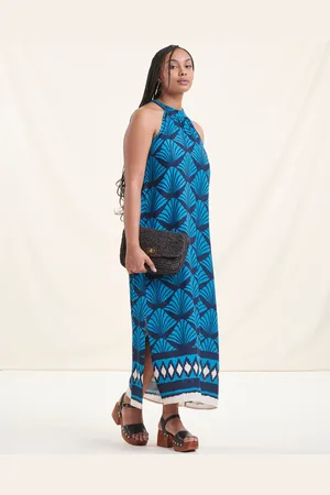 La Fee Maraboutee Robe longue bain de soleil bleue sans manches imprimée