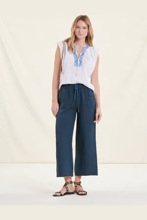 La Fee Maraboutee Pantalon 7/8ème bleu pétrole en lin