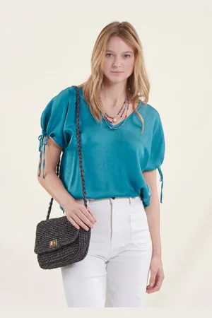 La Fee Maraboutee Top bleu oversize en satin manches courtes