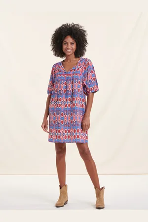 La Fee Maraboutee Robe courte bohème bleu et rose en coton biologique imprimé ethnique