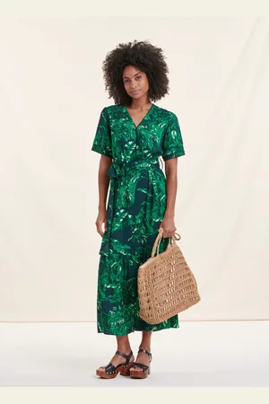 La Fee Maraboutee Robe longue cintrée bohème verte manches courtes imprimé animal