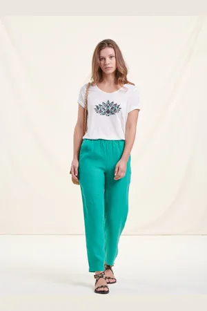 La Fee Maraboutee Pantalon cigarette vert chlorophylle en lin