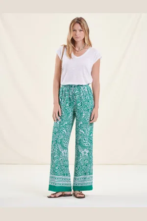 La Fee Maraboutee Pantalon fluide vert taille élastique à fleurs