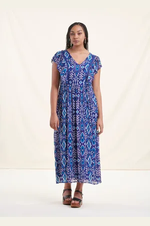 La Fee Maraboutee Robe longue bohème bleue sans manches imprimée