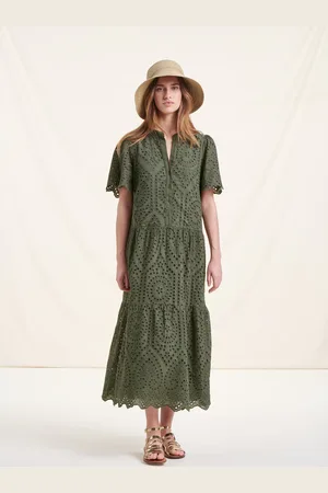 La Fee Maraboutee Robe longue en broderie anglaise kaki à manches courtes