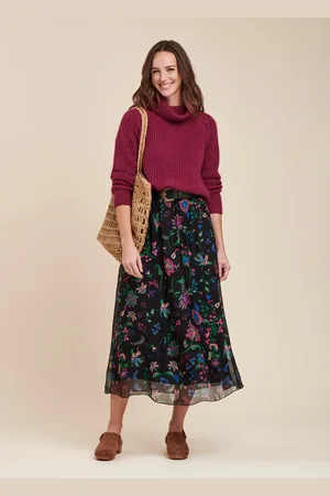 La Fee Maraboutee Jupe longue fluide noire fleurie taille élastique