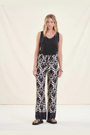 La Fee Maraboutee Pantalon fluide à imprimé noir et blanc taille élastique