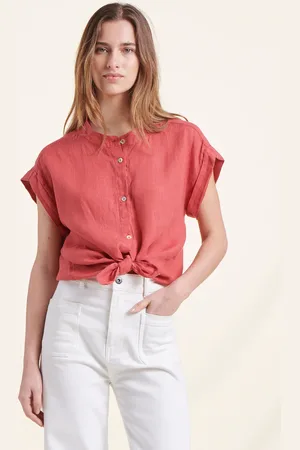 La Fee Maraboutee Chemise corail en lin col mao manches courtes