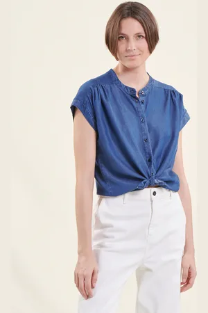 La Fee Maraboutee Chemise bleu fluide col mao manches courtes