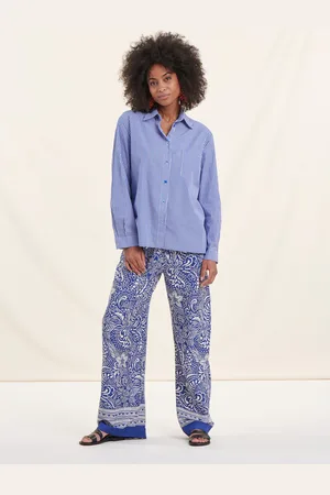 La Fee Maraboutee Pantalon fluide bleu taille élastique à fleurs