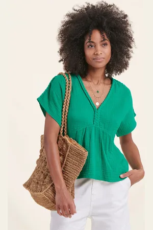 La Fee Maraboutee Top manches courtes vert chlorophylle en gaze de coton biologique