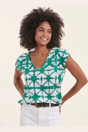 La Fee Maraboutee T-shirt vert chlorophylle en lin manches courtes tie & dye