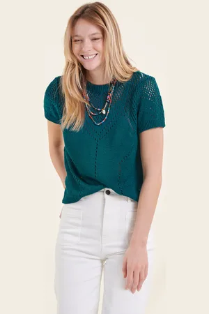La Fee Maraboutee Pull bleu pétrole manches courtes encolure ronde