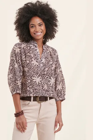La Fee Maraboutee Top marron en voile de coton imprimé manches 3/4