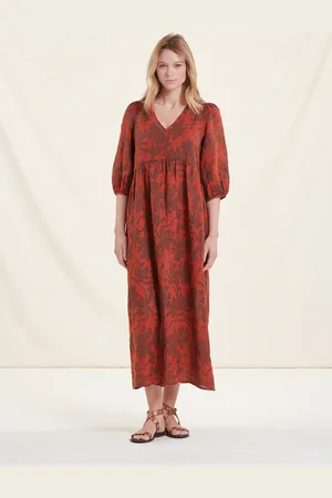 La Fee Maraboutee Robe longue bohème orange en lin à manches 3/4 à fleurs