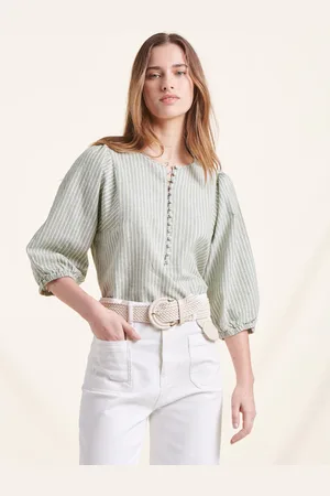 La Fee Maraboutee Top vert rayé en coton et lin manches 3/4 bouffantes