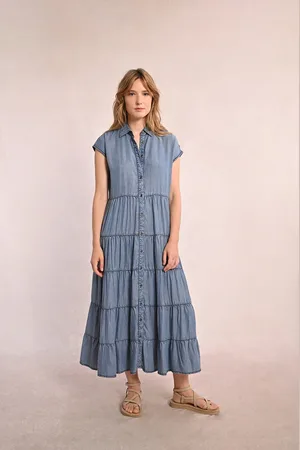 Molly Bracken Robe Longue Manches Courtes À Volants Denim