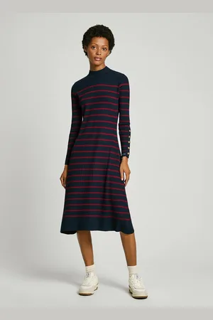 Pepe Jeans Robe Longue Marinière Col Montant Harlem