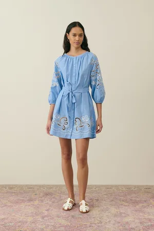 Louise Misha Robe Courte Brodée Col Rond Manches 3/4 Rinala