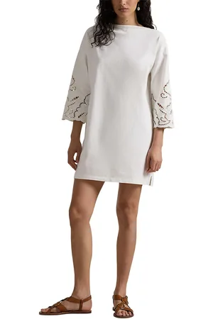 Ralph Lauren Robe Courte Droite Manches 3/4 Brodée