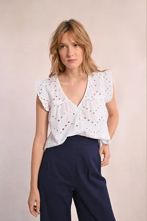 Molly Bracken Blouse Brodée Manches Courtes Col V