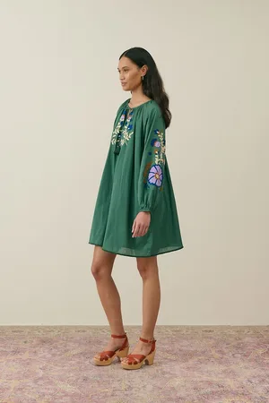 Louise Misha Robe Courte Évasée Brodée Manches Longues Janice