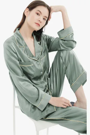 Lilysilk Pyjama oie Femme Luxe Vert Avec Passepoil Classique Et Poches 100% oie Convivial Pour Les Personnes Allergiques