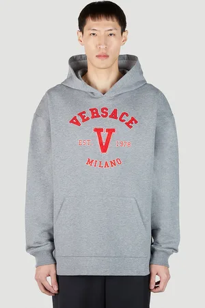 VERSACE Varsity Logo Patch Hooded Sweatshirt - Homme Sweatshirts Grey L
