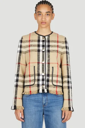 Burberry Check Bouclé Collarless Jacket - Femme Blazers Beige Uk - 08