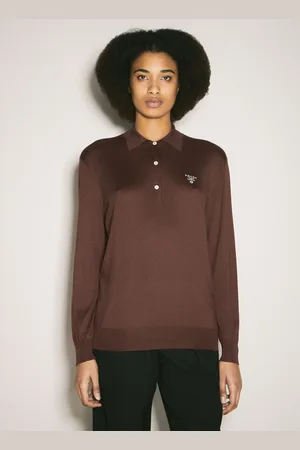 Prada Long-sleeved Silk Polo Chemise- Femme Hauts Burgundy It - 40
