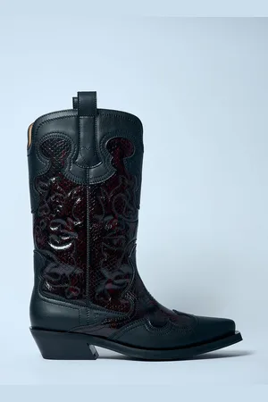 Ganni Mid Shaft Embroidered Western Bottes- Femme Bottines Et Bottes Burgundy Eu - 36