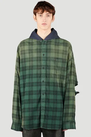 Balenciaga Hooded Distressed Flannel Chemise- Homme Sweatshirts Green 4