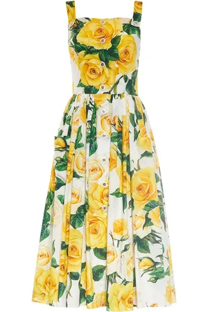 Dolce & Gabbana Robe Midi En Popeline De Coton Imprimé Roses