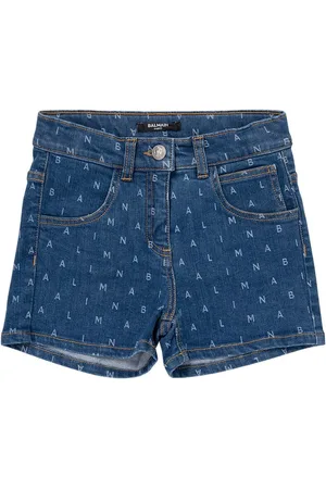 Balmain Short En Denim De Coton Imprimé Logo