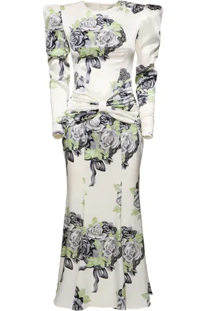 Alessandra Rich Robe En Satin De Soie Imprimé Roses Avec Nœud