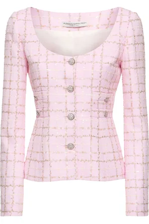 Alessandra Rich Veste À Col Rond En Tweed À Carreaux Et Sequins