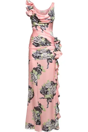 Alessandra Rich Robe De Soirée En Satin De Soie Imprimé Roses