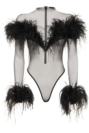 MUGLER Body Manches Longues En Tulle Et Plumes