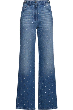 VERSACE Jean Droit En Denim De Coton Avec Cristaux