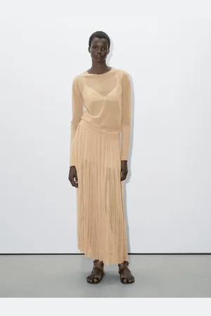 Massimo Dutti Jupe Midi Plissée 100 % Soie - Studio - - S - - Femme
