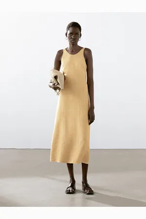 Massimo Dutti Robe Longue 100 % Lin À Encolure Américaine - - 40 - - Femme