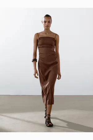 Massimo Dutti Robe Midi Froncée En Lin Mélangé - - 40 - - Femme