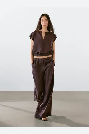 Massimo Dutti Pantalon Lin Straight À Taille Élastique - - 40 - - Femme
