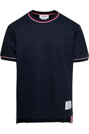 Thom Browne Homme, Tops, Bleu, Taille: XL T-shirt à Manches Courtes avec Bordure à Rayures RWB