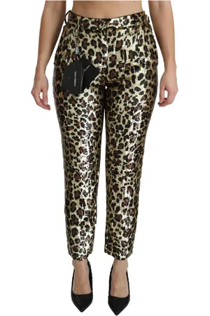 Dolce & Gabbana Femme, Pantalons, Jaune, Taille: 44 FR Pantalon Taille Haute Léopard à Paillettes