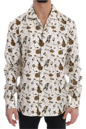 Dolce & Gabbana Homme, Chemises, Multicolore, Taille: M Chemise Jazz en Soie - Blanc avec Imprimé Or et Noir