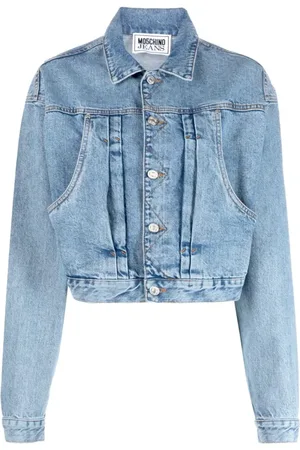 Moschino Femme, Vestes, Bleu, Taille: 36 FR Manteaux en Denim avec Patch Logo Brodé